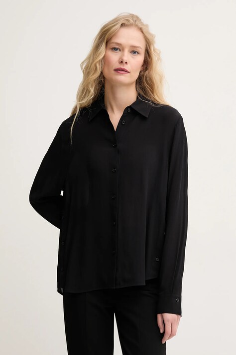 Sisley cămașă femei, culoarea negru, cu guler clasic, relaxed, 5IDTLQ08R
