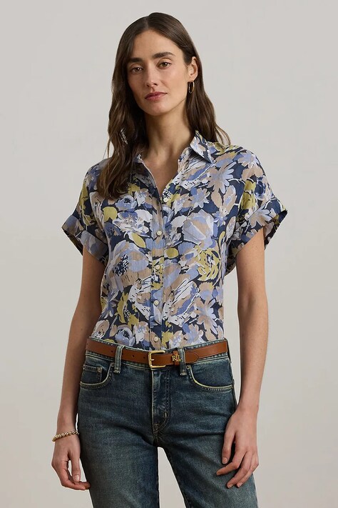 Lněná košile Lauren Ralph Lauren dámská, modrá barva, relaxed, s klasickým límcem, 200968905