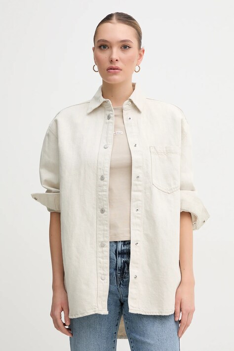 Pepe Jeans camasa jeans OVERSHIRT femei, culoarea bej, cu guler clasic, relaxed, PL304963TC9