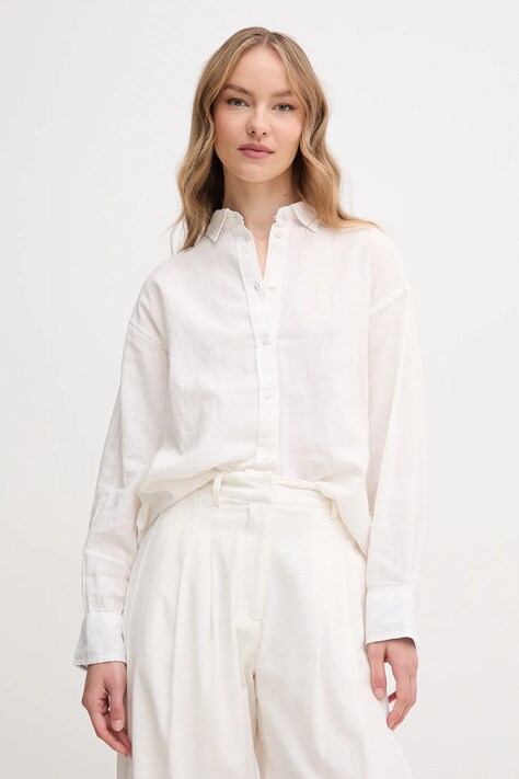Pepe Jeans cămașă de in CHIPPER femei, culoarea alb, cu guler clasic, relaxed, PL304993