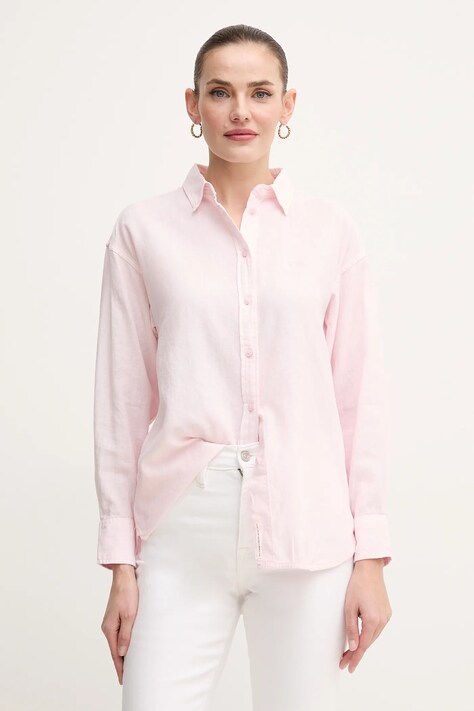 Pepe Jeans cămașă de in CHIPPER femei, culoarea roz, cu guler clasic, relaxed, PL304993