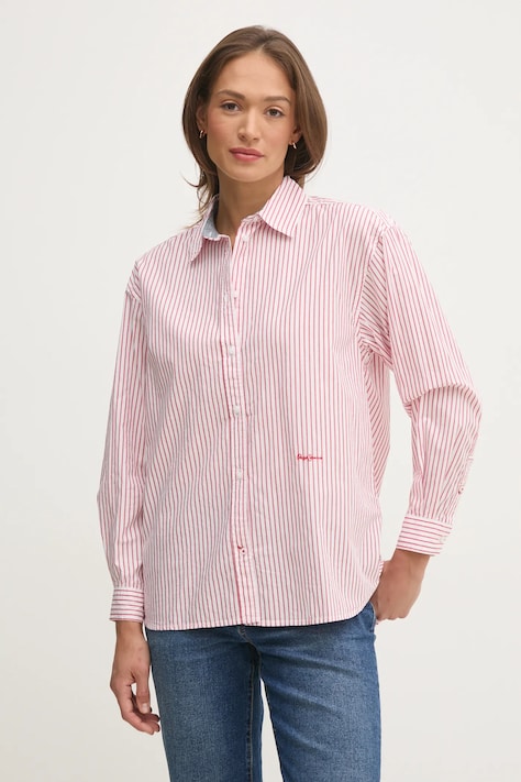 Pepe Jeans camasa din bumbac CLEM femei, culoarea rosu, cu guler clasic, relaxed, PL305001