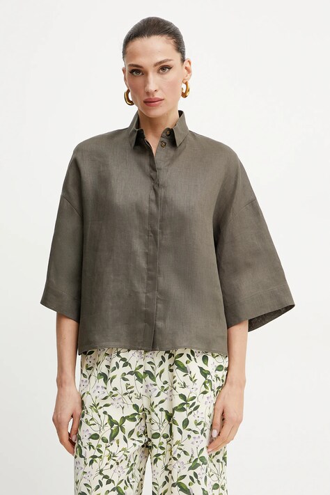 MM cămașă de in femei, culoarea verde, cu guler clasic, relaxed, 2516111028600