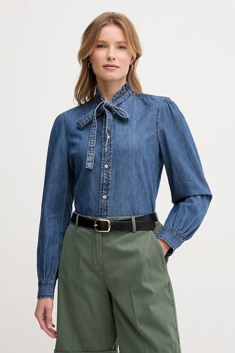 United Colors of Benetton cămașă din bumbac culoarea bleumarin, cu un decolteu legat, regular, 5RZKDQ0BE
