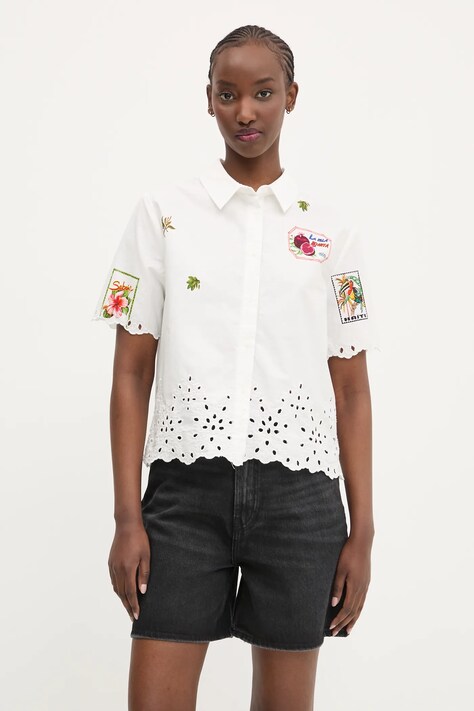 Desigual camasa din bumbac AFRODITA femei, culoarea alb, cu guler clasic, regular, 25SWCW17