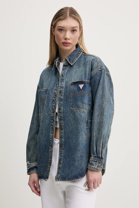 Джинсовая рубашка Guess Originals женская цвет синий relaxed классический воротник W5RG67 D4XY0