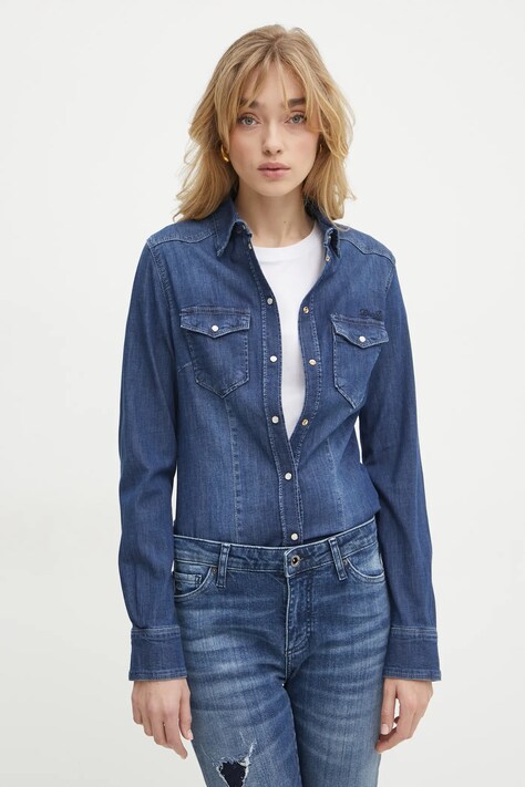 Liu Jo camasa jeans femei, culoarea albastru marin, cu guler clasic, regular, UXX046 D4051