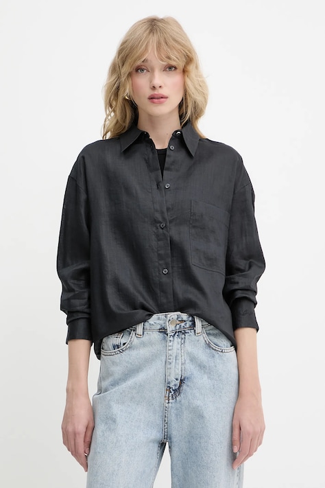 Риза BOSS Orange дамска в черно със свободна кройка с класическа яка 50537925