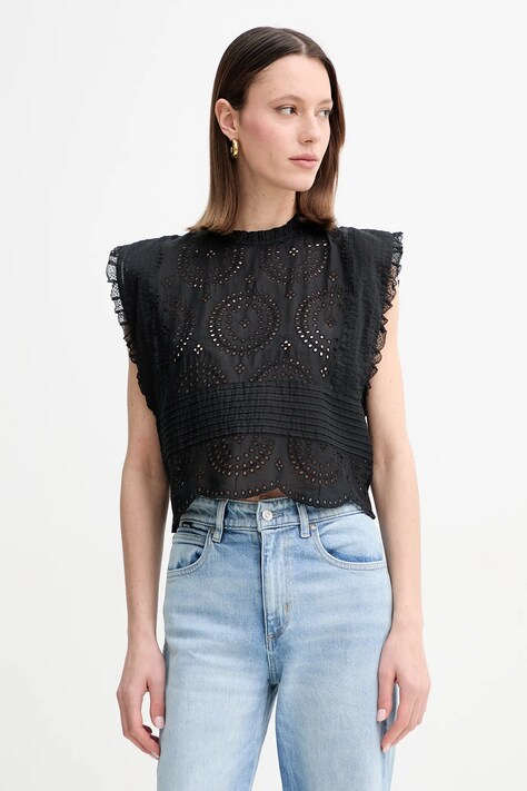 BOSS Orange bluză din bumbac femei, culoarea negru, cu imprimeu, 50538349