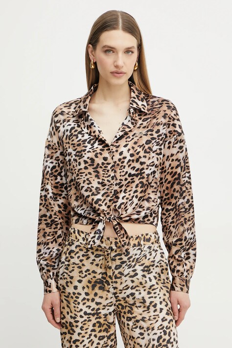 Guess camasa JUN femei, culoarea bej, cu guler clasic, relaxed, W5GH0I WH9C2