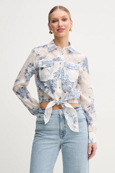 Guess cămașă ADELAIDE femei, culoarea bej, cu guler clasic, regular, W5GH03 WH4K2