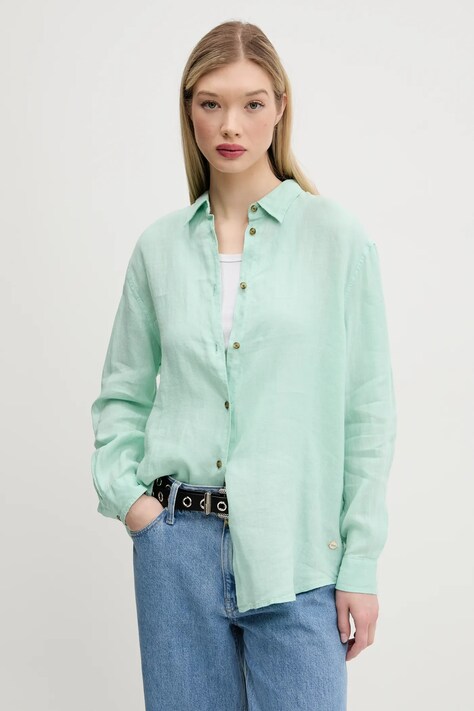 Льняная рубашка Superdry женская цвет зелёный relaxed классический воротник W4010463A-2OK