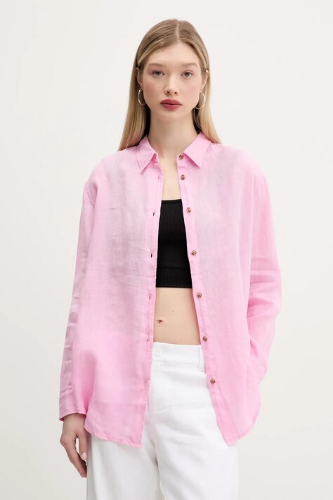 Lněná košile Superdry dámská, růžová barva, relaxed, s klasickým límcem, W4010463A-RJ4