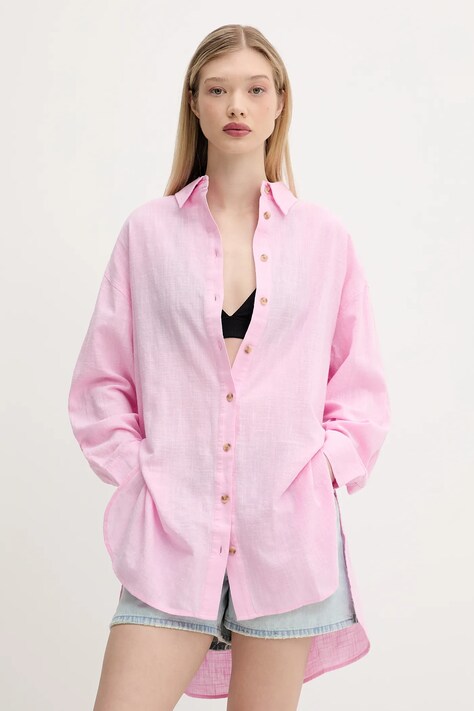 Superdry koszula bawełniana damska kolor różowy relaxed z kołnierzykiem klasycznym W4010470A-2LV