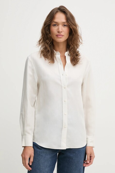 Calvin Klein camasa din amestec de in femei, culoarea bej, cu guler clasic, relaxed, K20K208321