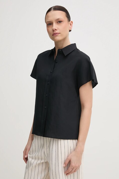 Calvin Klein camasa din amestec de in femei, culoarea negru, cu guler clasic, relaxed, K20K208322