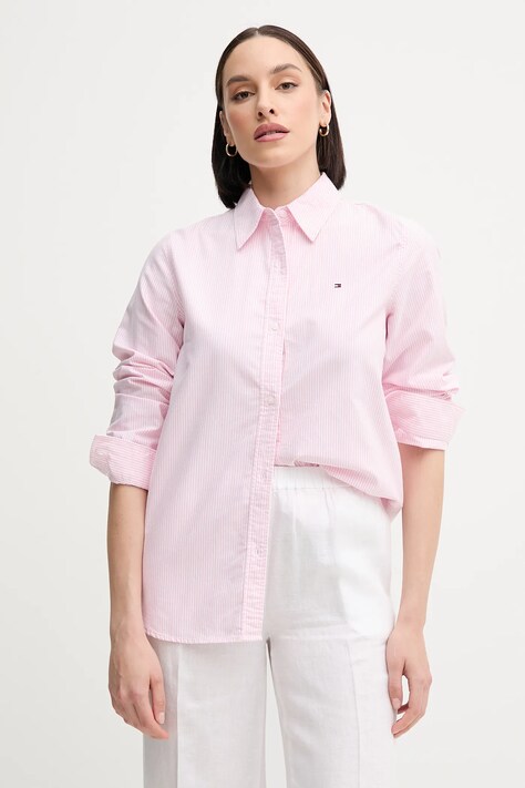 Tommy Hilfiger cămașă din bumbac femei, culoarea roz, cu guler clasic, regular, WW0WW46111