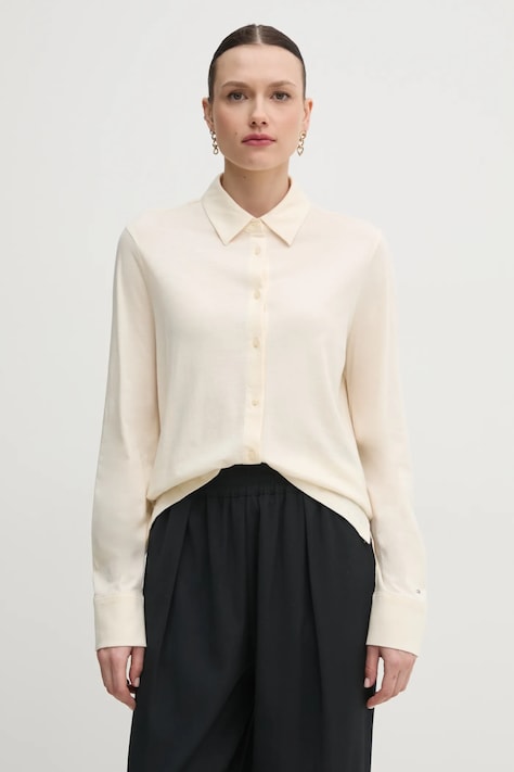 Košeľa Tommy Hilfiger dámska, béžová farba, regular, s klasickým golierom, WW0WW45983