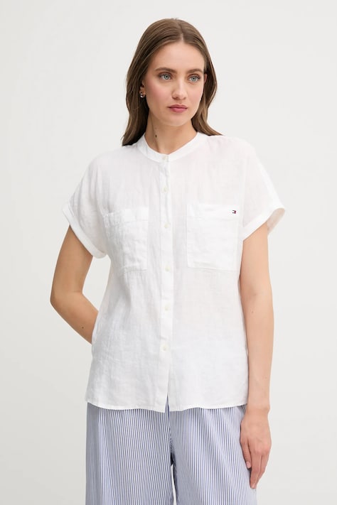 Tommy Hilfiger cămașă de in culoarea bej, cu guler stand-up, relaxed, WW0WW44715