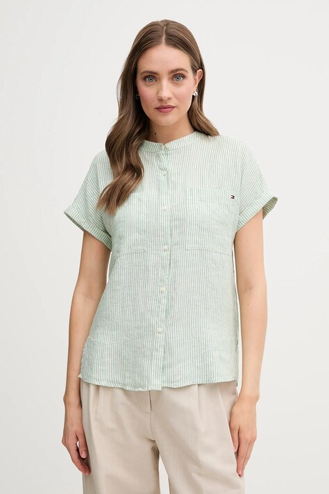Tommy Hilfiger cămașă de in culoarea verde, cu guler stand-up, relaxed, WW0WW44715