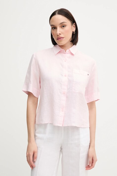 Льняная рубашка Tommy Hilfiger цвет розовый relaxed классический воротник WW0WW44720