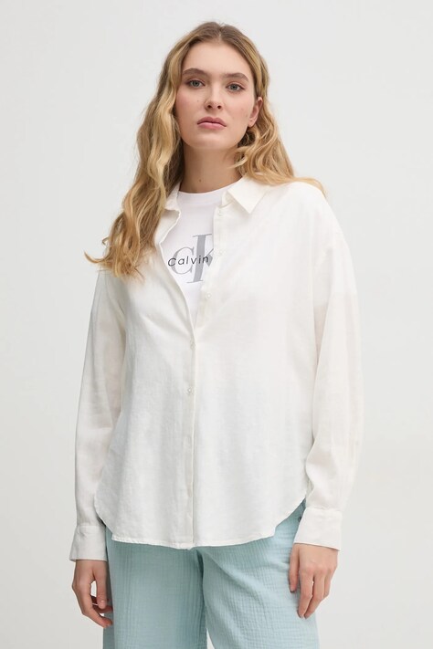 Льняная рубашка Dkny женская цвет бежевый regular классический воротник DJ5W2111