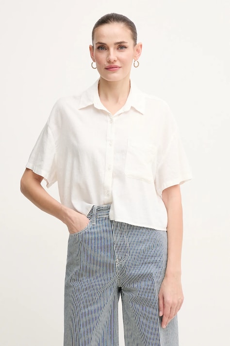 Lněná košile Dkny dámská, béžová barva, relaxed, s klasickým límcem, DJ5W2056