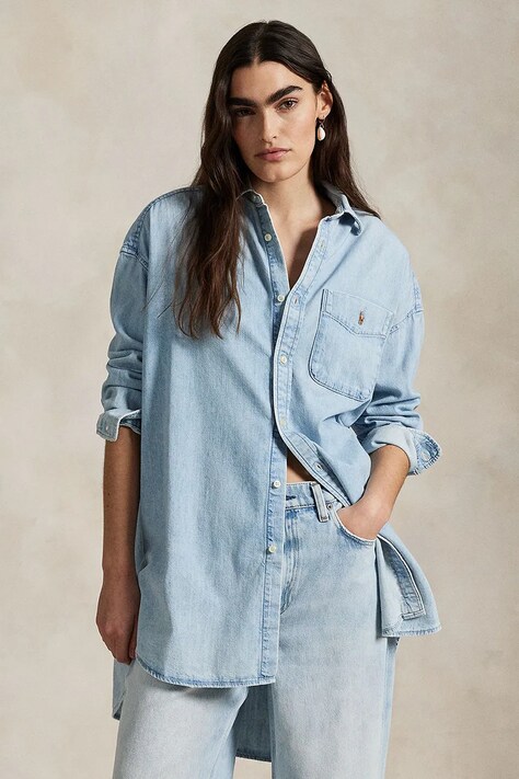 Bavlněná džínová košile Polo Ralph Lauren dámská, modrá barva, relaxed, s klasickým límcem, 211964726