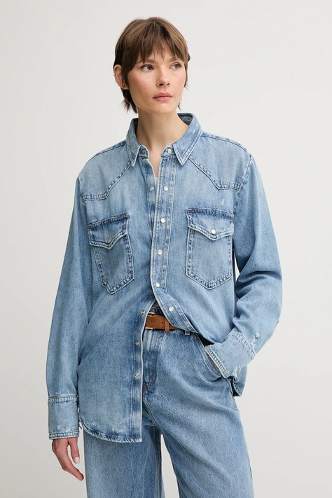 Bavlněná džínová košile Polo Ralph Lauren dámská, modrá barva, regular, s klasickým límcem, 211964727