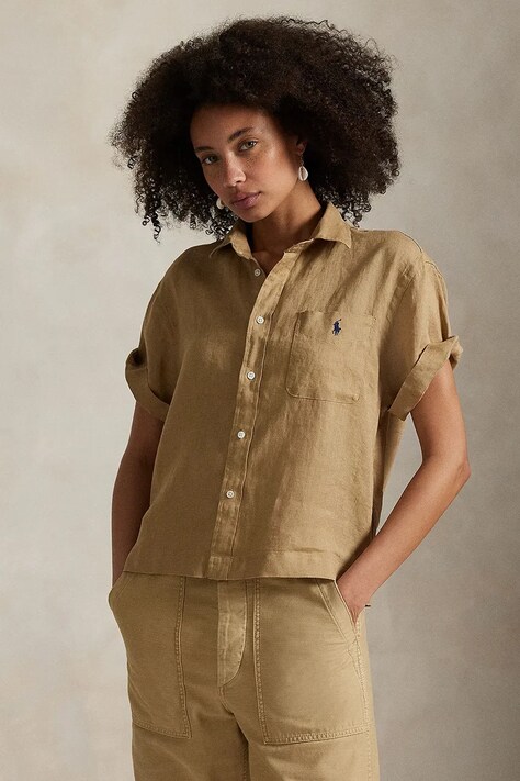 Πουκάμισο από λινό Polo Ralph Lauren χρώμα: μπεζ, 211965847
