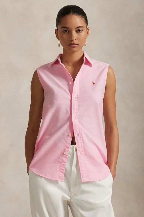 Памучна риза Polo Ralph Lauren дамска в розово със стандартна кройка с класическа яка 211968896