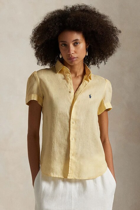 Ľanová košeľa Polo Ralph Lauren žltá farba, voľný strih, s klasickým golierom, 211973366