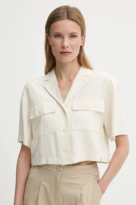 Calvin Klein Jeans koszula damska kolor beżowy relaxed z kołnierzykiem klasycznym J20J225353