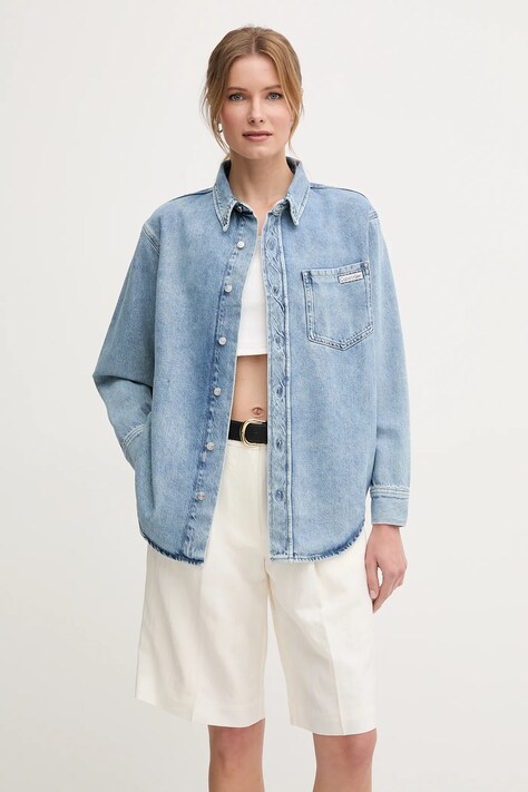 Džínová košile Calvin Klein Jeans dámská, modrá barva, relaxed, s klasickým límcem, J20J225516