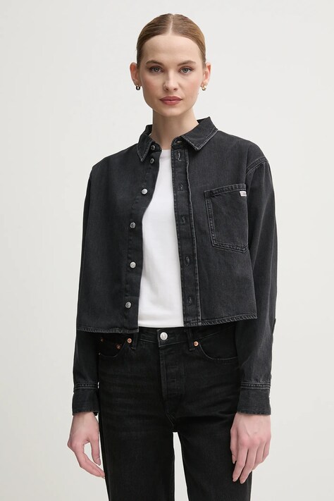 Džínová košile Calvin Klein Jeans dámská, černá barva, relaxed, s klasickým límcem, J20J225517