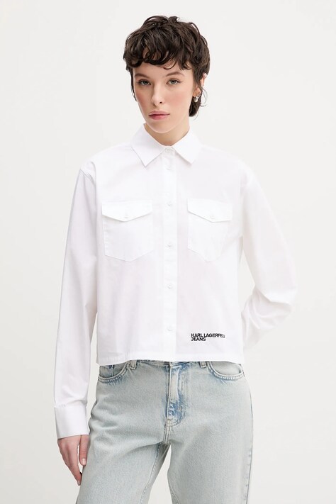 Karl Lagerfeld Jeans cămașă din bumbac femei, culoarea alb, cu guler clasic, relaxed, A2W11027