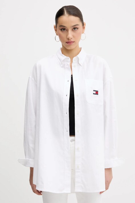 Tommy Jeans cămașă din bumbac culoarea alb, cu guler clasic, relaxed, DW0DW20289