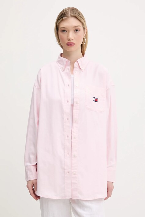 Tommy Jeans cămașă din bumbac culoarea roz, cu guler clasic, relaxed, DW0DW20289