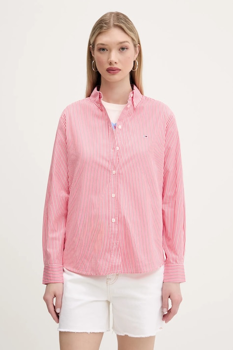 Bavlnená košeľa Tommy Jeans ružová farba, voľný strih, s klasickým golierom, DW0DW20290