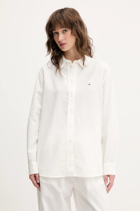 Tommy Jeans lenvászon ing galléros, bézs, regular, DW0DW20292