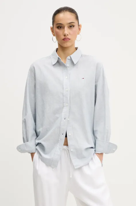 Tommy Jeans koszula z domieszką lnu damska kolor szary regular z kołnierzykiem klasycznym DW0DW20292