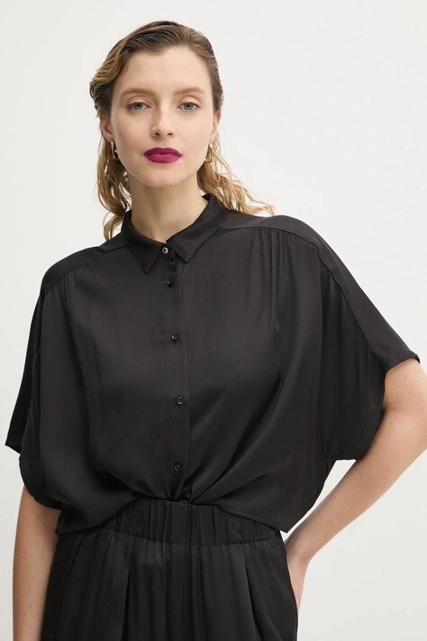 Sessun camasa femei, culoarea negru, cu guler clasic, relaxed, 24210034