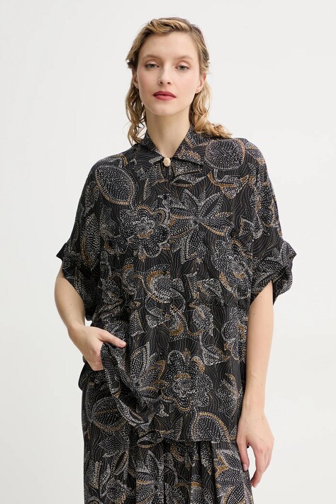 Sessun camasa femei, culoarea negru, cu guler clasic, relaxed, 25210049