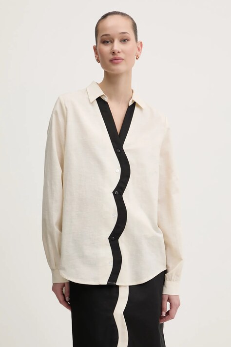 Сорочка з домішкою льону Never Fully Dressed колір бежевий relaxed класичний комір NFDTO1642