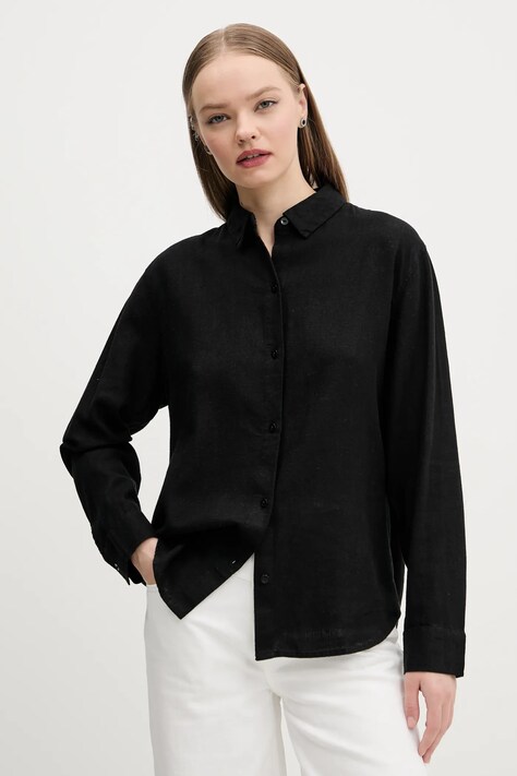 Lanena košulja Abercrombie & Fitch za žene, boja: crna, relaxed, s klasičnim ovratnikom, KI140-5554