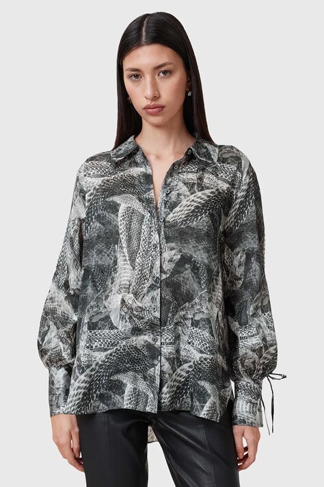 AllSaints camasa din amestec de matase LEYLA femei, culoarea gri, cu guler clasic, relaxed, W042PC