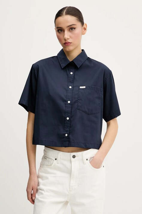 Guess Jeans cămașă din bumbac femei, culoarea bleumarin, cu guler clasic, relaxed, W5GH98 WH7P1