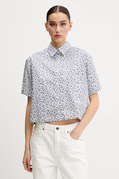 Guess Jeans cămașă din bumbac femei, culoarea alb, cu guler clasic, relaxed, W5GH98 WH8R1
