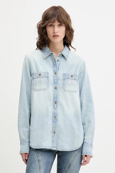 Džínová košile Guess Jeans dámská, modrá barva, regular, s klasickým límcem, W5RH37 D5M83