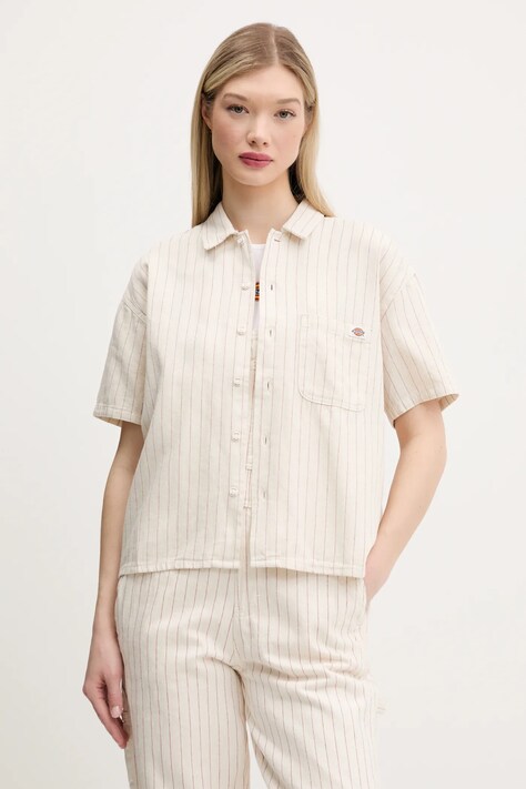 Dickies cămașă din bumbac femei, culoarea bej, cu guler clasic, relaxed, DK0A4Z7UC481